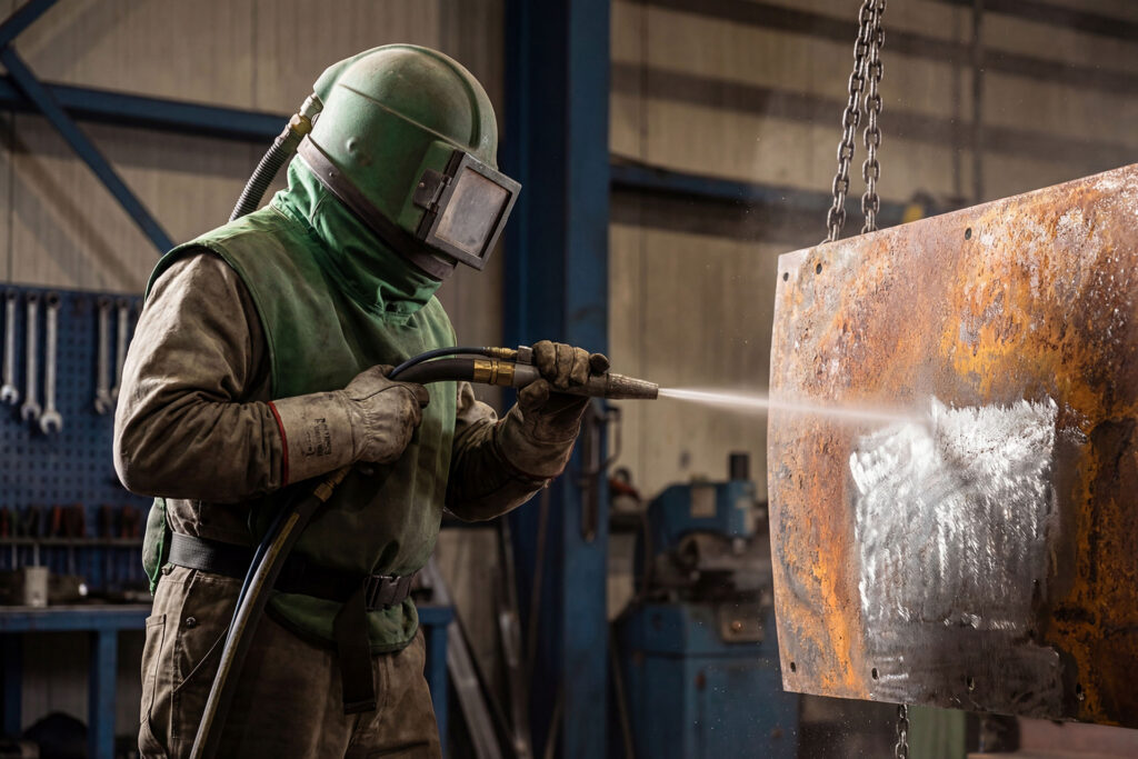 En mann som sandblåser (overflatebehandling) hos Nomek